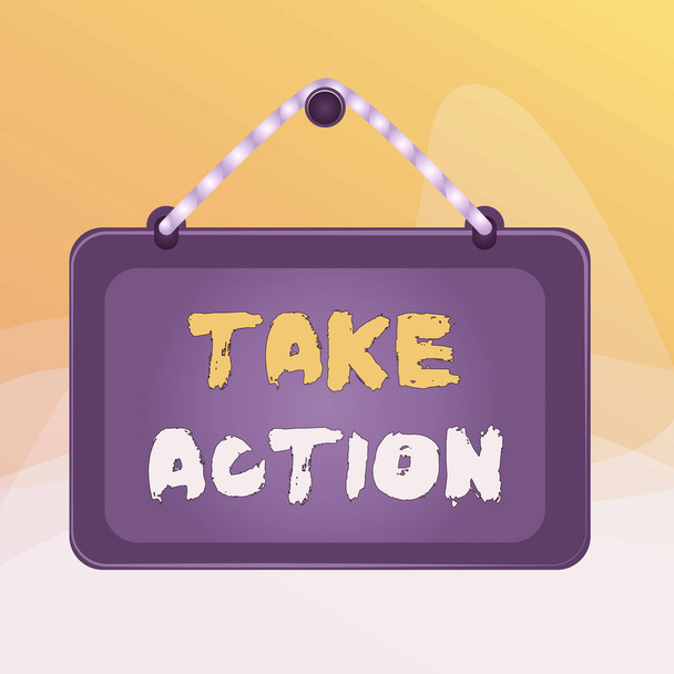Writing note showing Take Action. Business photo showcasing advices someone to do something or reaction right now Board fixed nail frame colored background rectangle panel. - Photo, Image