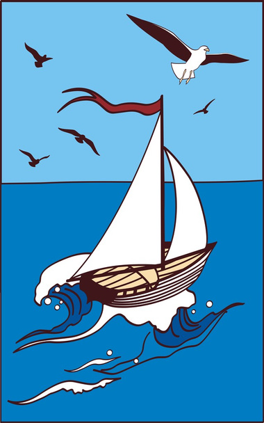 Яхта в морі і чайках
 - Вектор, зображення