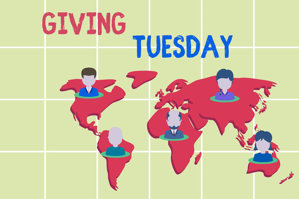Textvortrag am Dienstag. Geschäftskonzept für den internationalen Tag der wohltätigen Spenden Hashtag Aktivismus verbinden multiethnische Menschen auf der ganzen Welt. Globale Business Earth Map. - Foto, Bild