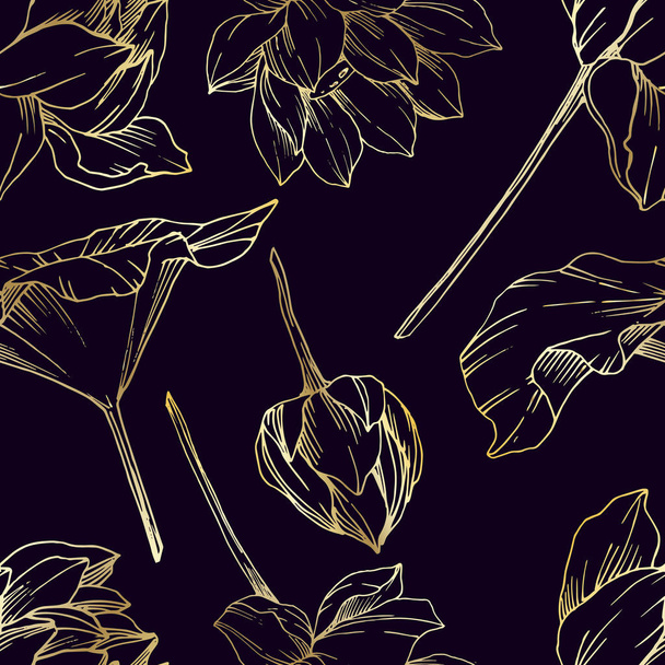ベクトルロータス花植物の花。黒と白の彫刻インクアート。シームレスな背景パターン. - ベクター画像
