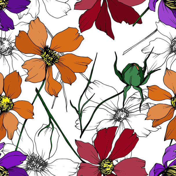 Vektorkosmos florale botanische Blumen. Schwarz-weiß gestochene Tuschekunst. nahtloses Hintergrundmuster. - Vektor, Bild