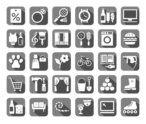 Shops, flat icons, vector. Different categories of stores. White icons on a gray field with a shadow.  - Wektor, obraz