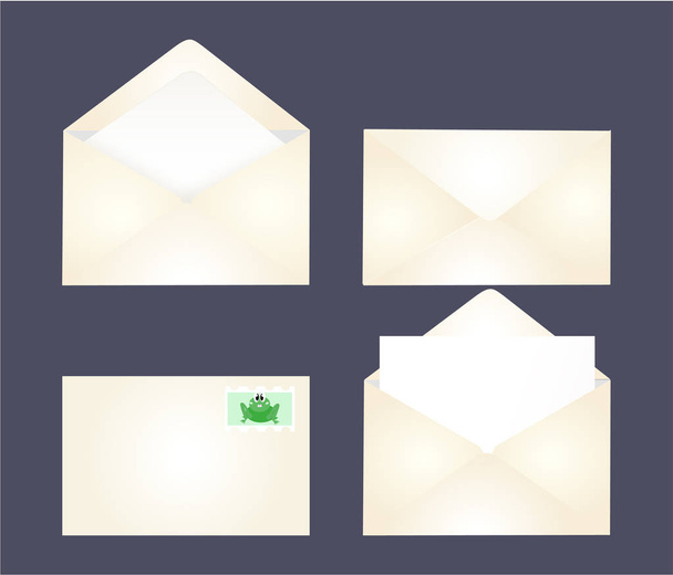 4 типа конвертов - открытые, закрытые, вид спереди, вид сзади, печать лягушки, с буквой внутри
 - Вектор,изображение