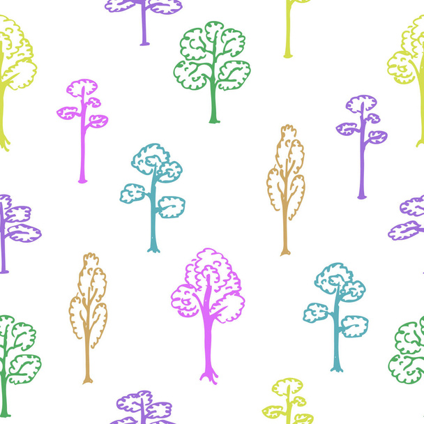 シームレスな森林の木のパターン。森林の木、屋外公園の植物とミニマリストの花。葉のラッピングや壁紙ベクトルの背景イラスト - ベクター画像