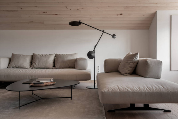 Light modern interior with sloping wooden ceiling - Fotografie, Obrázek