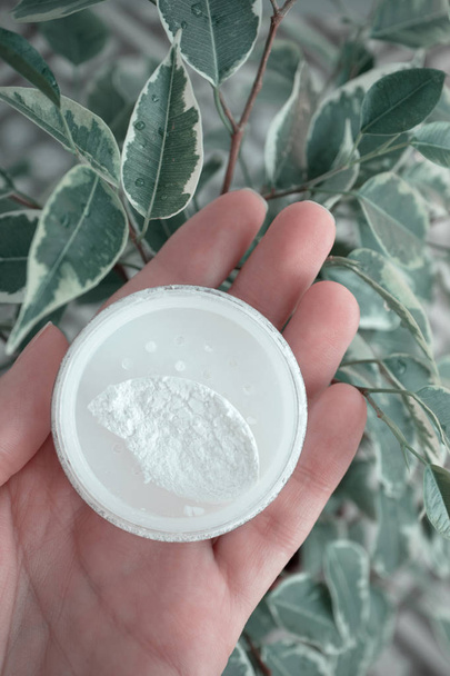 Mineral powder in female hand in front of home plants - Photo, Image