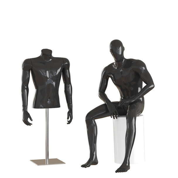 A black mannequin sits and one black mannequin torso on an iron rack. 3D rendering on isolated background - Photo, Image