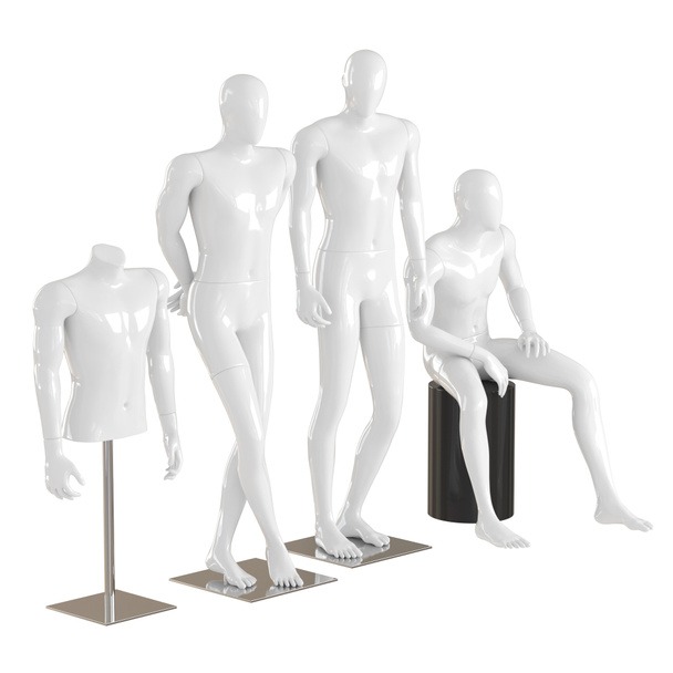 Cuatro maniquíes blancos diferentes en una pose de pie y sentado y un maniquí del torso en una rejilla de hierro. Representación 3D sobre fondo aislado
 - Foto, Imagen