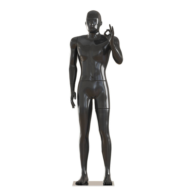 A black mannequin stands in a pose and shows a gesture that everything is fine. 3D rendering on isolated background - Photo, Image