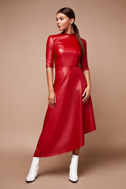 Sexy pretty fashion woman wear lather red dress casual trend clo - Φωτογραφία, εικόνα