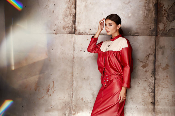 Sexy pretty fashion woman wear lather red suit skirt jacket casu - Fotografie, Obrázek