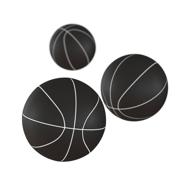 孤立した白い背景に被写界深度の効果を持つ3つの黒いバスケットボール。3D レンダリング - 写真・画像