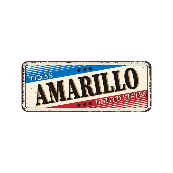 Styl Vintage turystyczne talerz zardzewiały z efektami tekstur-Amarillo, Teksas-Vector Eps10. - Wektor, obraz