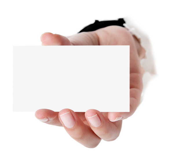 Cartão de visita na mão da mulher no branco
 - Foto, Imagem