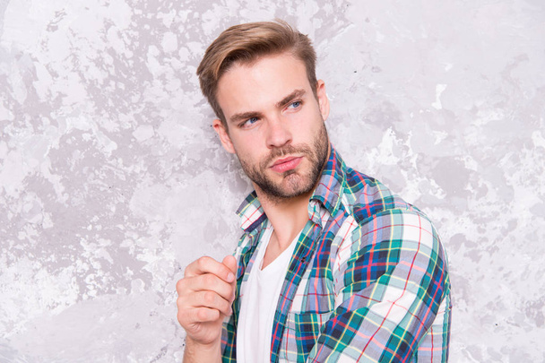 Hairdresser salon. Barber concept. Caucasian male model with unshaven handsome face and stylish hairstyle. Casual and handsome. Skin care. Handsome man unshaven face. Natural beauty. Beard grooming - 写真・画像