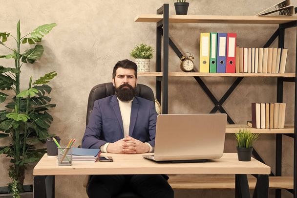 Business coach. Brutal businessman in office. Mature man with beard. bearded hipster use computer. Male boss working. Agile business. My business my pride. serious business man is proud of himself - Fotó, kép