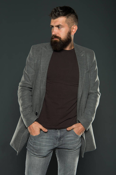 Warm jacket. Fall fashion. Maintaining masculine look. Brutal hipster man. Hipster wearing casual clothes. Hipster with beard hair and stylish haircut. Bearded man trendy hipster style. Daily outfit - Fotoğraf, Görsel