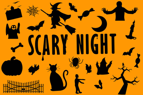 Set verschiedener Vektorillustrationssymbole für Halloween auf Schwarz - Vektor, Bild