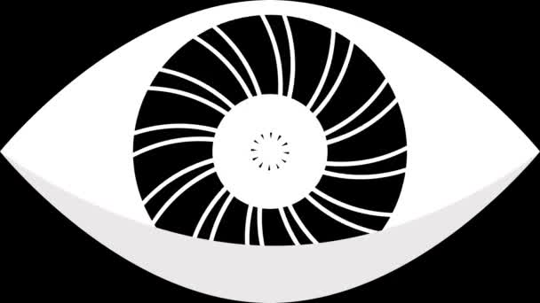 Geanimeerde hypnotiserende oogvorm met strepen uit het midden over een zwarte achtergrond. - Video