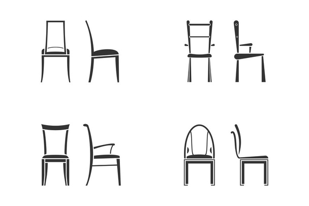 Conjunto de iconos de silla en blanco y negro para sala de cocina. Vista frontal y vista lateral de estilo plano de silla diferente, ilustración vectorial
 - Vector, Imagen
