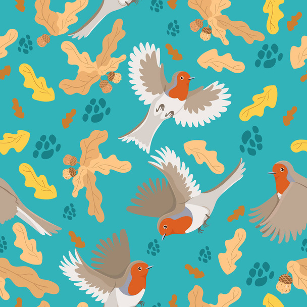 Robin pájaros y hojas de roble patrón sin costuras
 - Vector, imagen