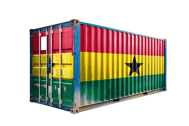  Käsite Ghana vienti-tuonti, konttien kuljetus ja kansallinen toimitus. Kuljetuskontti, jossa on Ghanan lippu, näkymä eteen
 - Valokuva, kuva