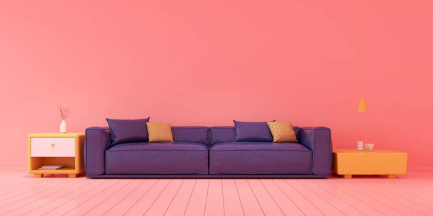 Kigúnyolják a kék kanapé és sárga szekrény a rózsaszín szoba, minimális koncepció, kis nappali, 3D renderelés. - Fotó, kép