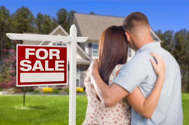 For Sale Real Estate Sign, Military Couple Looking at House - Photo, Image