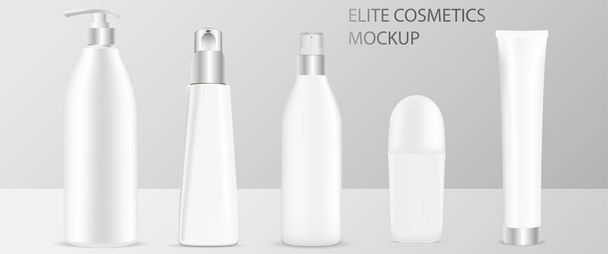 化粧品ボトル包装モックアップ。エリート化粧品のベクトルイラスト:スプレー、ディスペンサーとドロッパー、クリームチューブ、消臭ロール付きボトル。あなたのデザインの準備ができて高品質のテンプレート. - ベクター画像