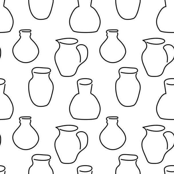 Hand drawing Jugs of different types, seamless pattern. One line style. - Vektör, Görsel