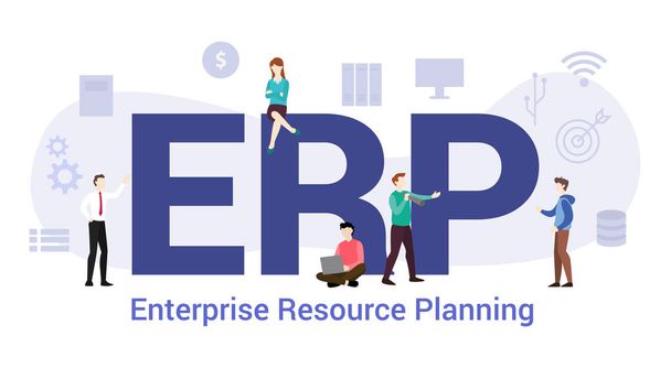 erp Enterprise Resource Planning Konzept mit großem Wort oder Text und Team-Mitarbeitern mit modernem flachen Stil - Vektor - Vektor, Bild