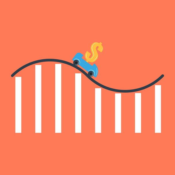 Interest rate reduction or dollar depreciation conceptual financial illustration, rollercoaster cart with a dollar sign on a roller coaster in the form of a financial report graph - Vector, Image