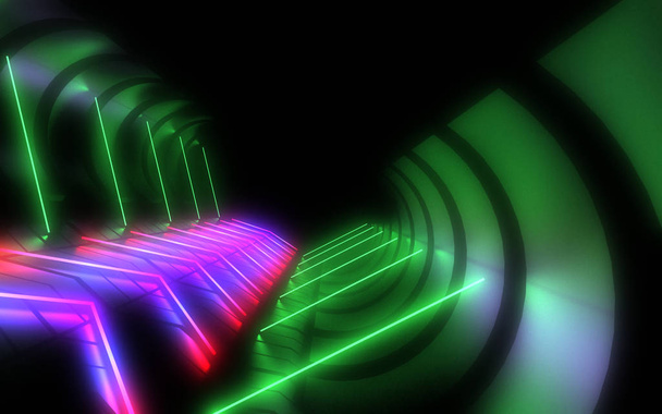 abstract architectuur tunnel met neon licht. 3D-illustratie - Foto, afbeelding