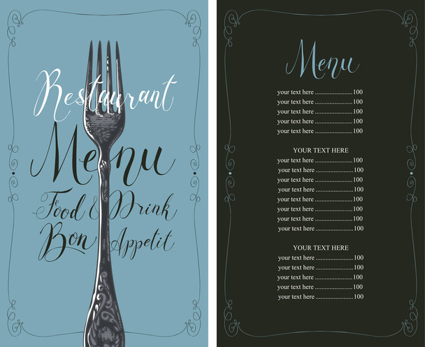 restaurant menu with price list and realistic fork - Vector, imagen