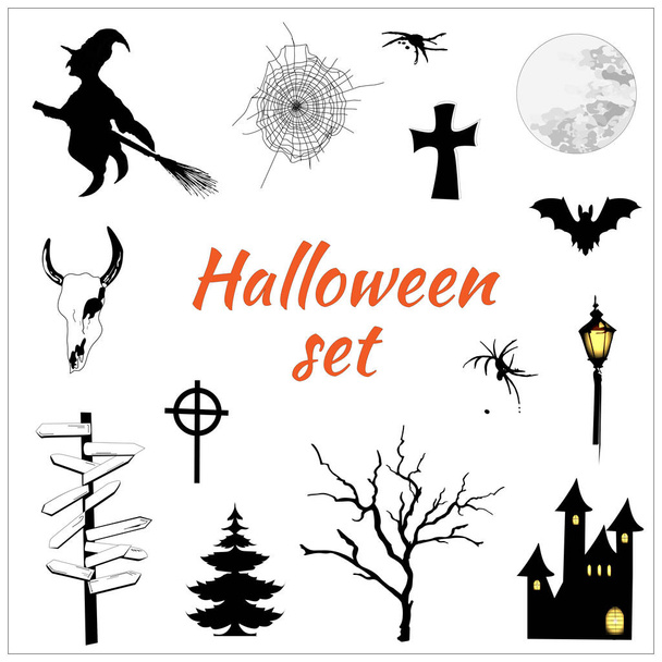 Set of elements for halloween. Bat, witch, fanar, goat skull, web, castle. Black outlines on a white background.Tree silhouette. Vector illustration. - Vektör, Görsel