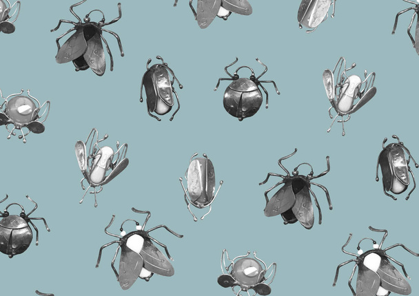 Bugs and beetles pattern. Jewelry in the form of beetles and insects. Silver insects jewelry. Black and white bugs isolated on pastel background. Photo collage for design. - Фото, зображення