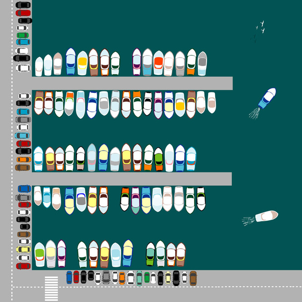 Photo aérienne des bateaux amarrés au port et des voitures stationnées
 - Vecteur, image