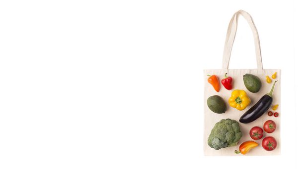 Pamut újrafelhasználható bevásárlótáska öko zöldségekkel - Fotó, kép