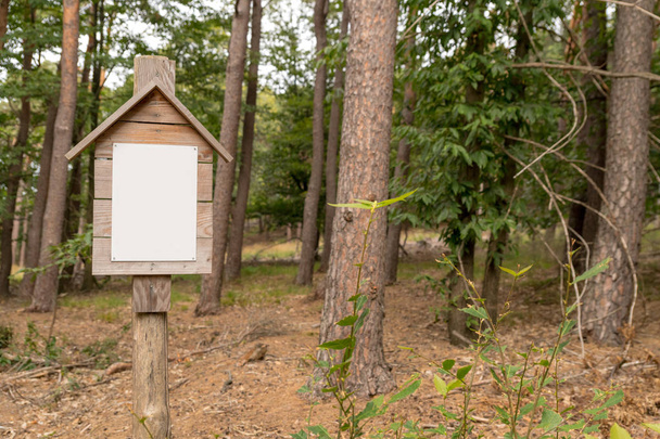 Cartel en blanco en una tabla de madera está en el bosque en un poste de madera, atornillado
 - Foto, Imagen
