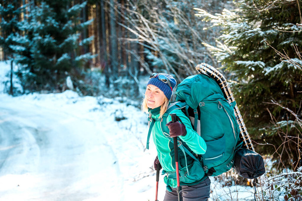 Kış dağlarında sırt çantası ve kar ayakkabısı olan kadın. - Fotoğraf, Görsel