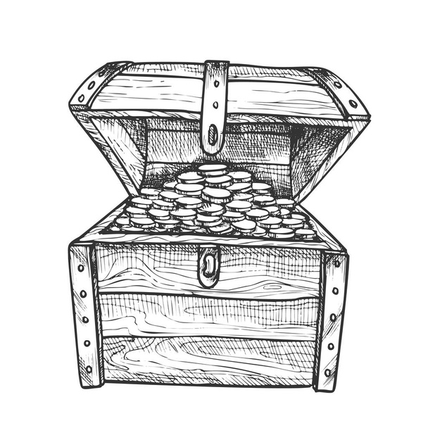 Treasure Chest Filled Golden Coins Ink Vector - Vector, Image