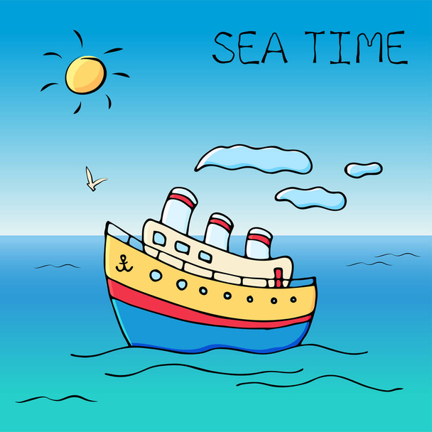Vektor-Karte oder Banner mit bunten lustigen Doodle-Schiff und Text m - Vektor, Bild