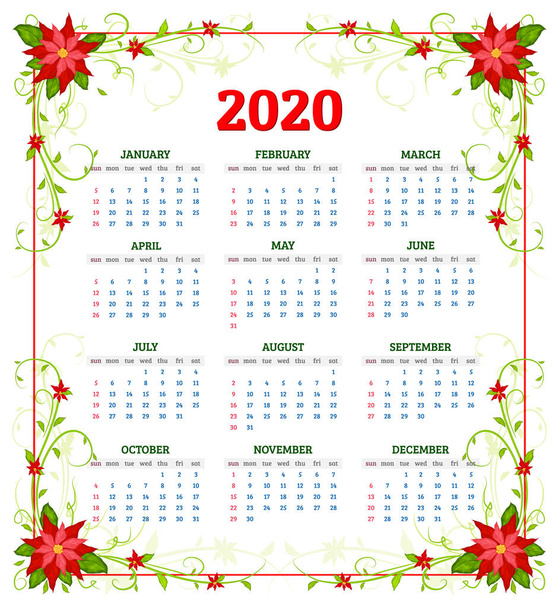 ポインセチアの花とベクトルカレンダー2020年。週は日曜日から始まる - ベクター画像