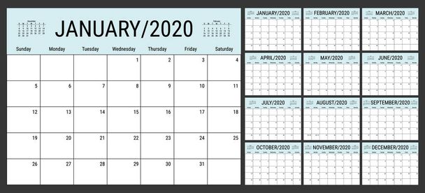 Calendar 2020 planner template.  Set of 12 Months. Week starts from sunday. Vector illustration - Vector, Image