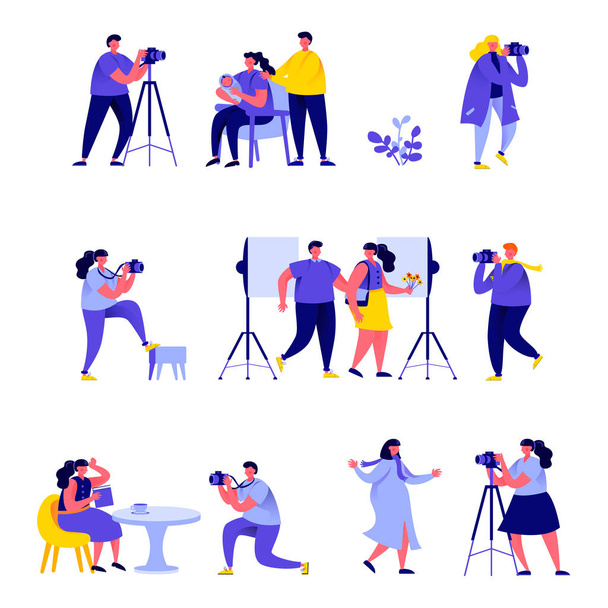 Set of flat people photographers take different pictures characters. Bundle cartoon people photographers and cameramans isolated on white background. Vector illustration in flat modern style. - Vector, Image