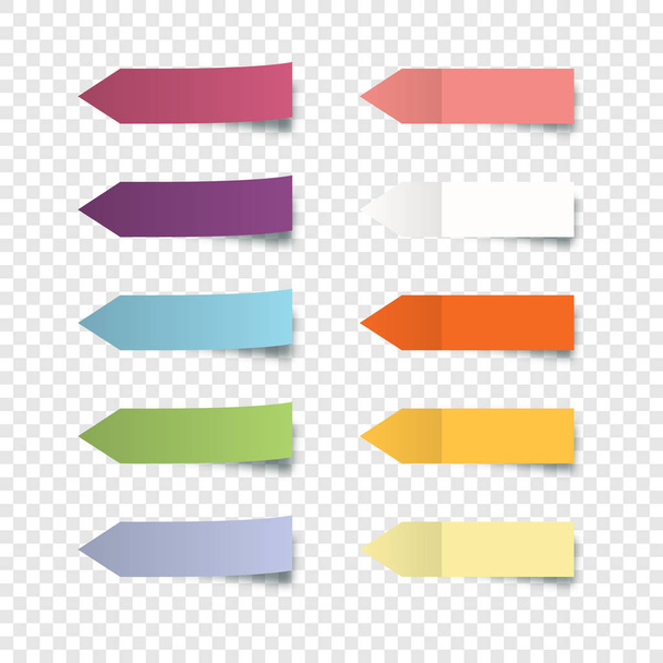 Szett színes matricák. Gyűjtemény hosszúkás színes nyíl alakú matrica peeling ki szélén reális stílust címkézésére vonatkozó információkat. Átlátszó háttéren izolált matricák - Vektor, kép
