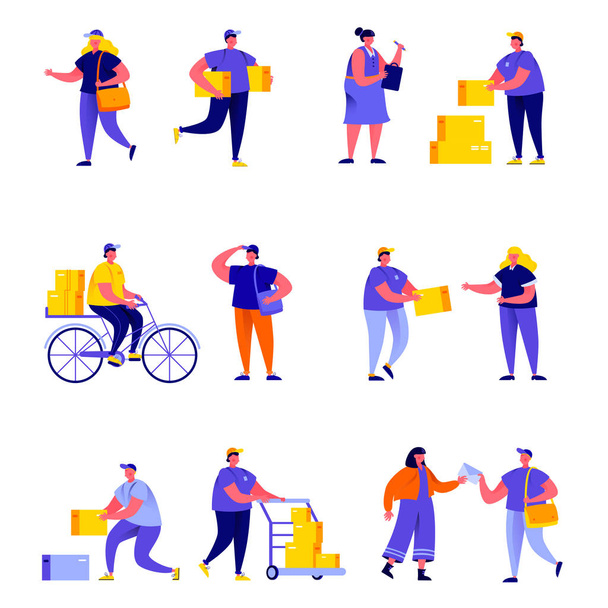 Set of flat people different delivery service workers characters. Bundle cartoon people delivering packages to clients isolated on white background. Vector illustration in flat modern style. - Vector, Image