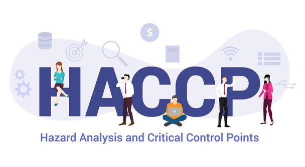 análisis de peligros de haccp y concepto de puntos de control crítico con personas de gran palabra o texto y equipo con estilo plano moderno - vector
 - Vector, imagen