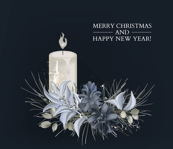 キャンドル、コーンと常緑植物と松の枝と3Dカードを挨拶クリスマスの招待状は、暗い背景にアイト。広告、ソーシャルメディア、ブログ、印刷のためのヴィンテージスタイルの新年の装飾 - ベクター画像