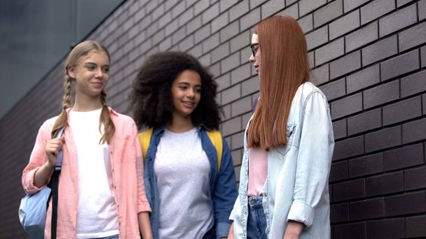Two school pupils bullying modest red-haired teenager, pushing scared classmate - Zdjęcie, obraz
